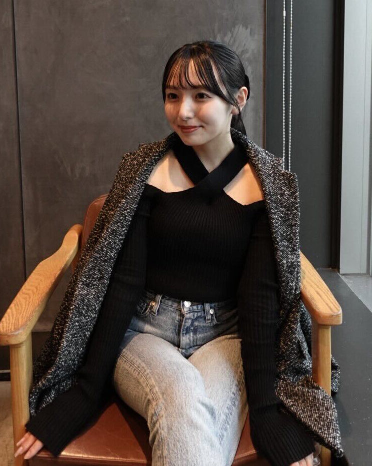 クロスオフショルダーリブニットトップス