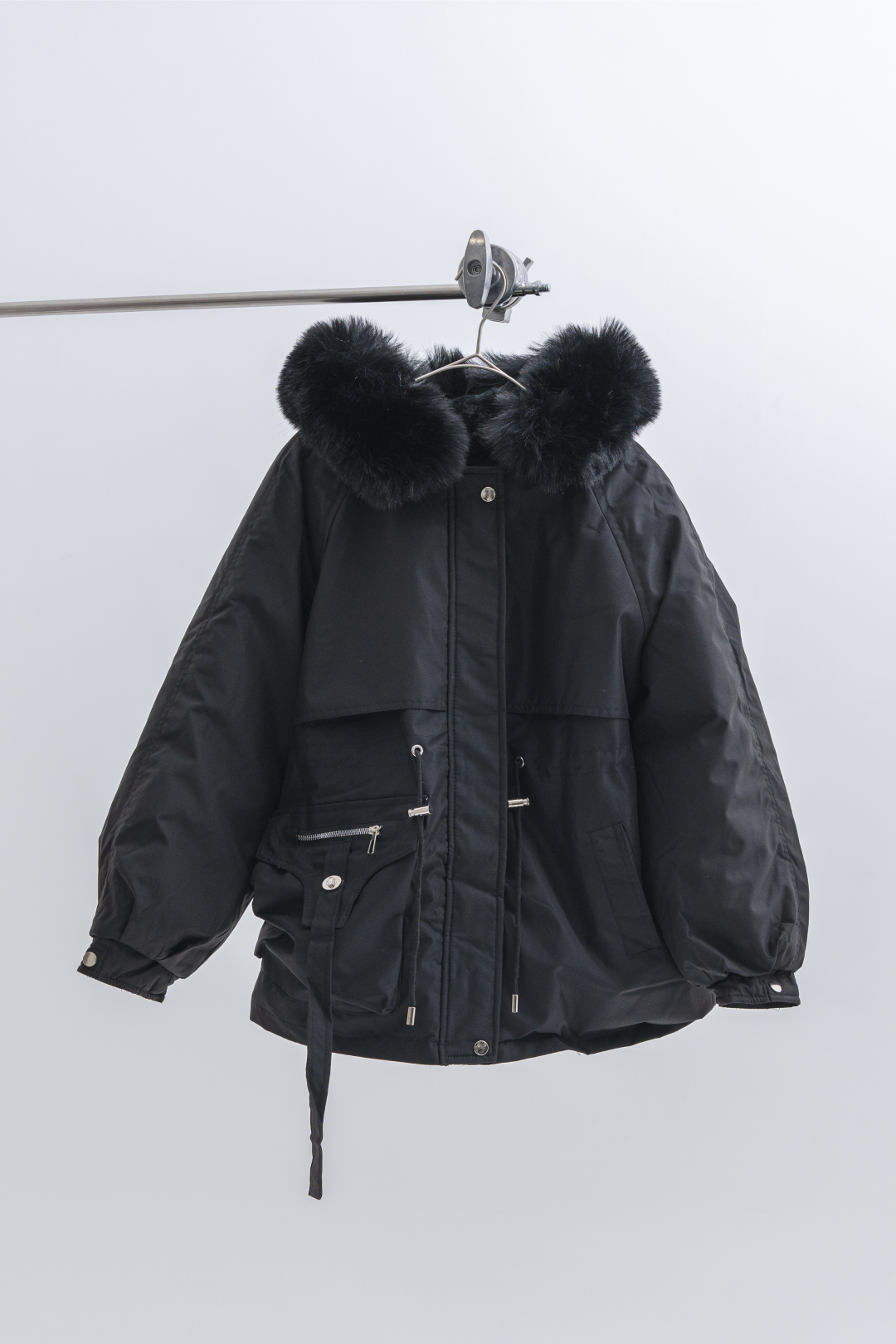 ファー付きウエストドロストコート