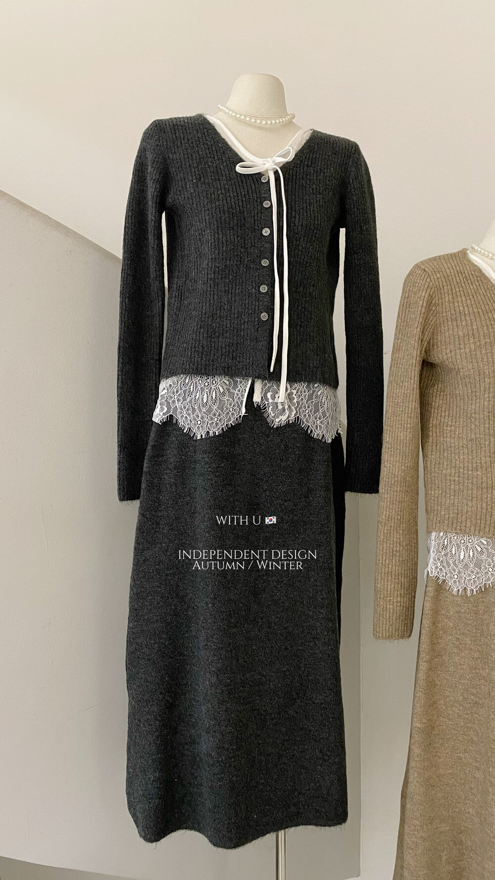 【即納】レースレイヤード リブニットセットアップ