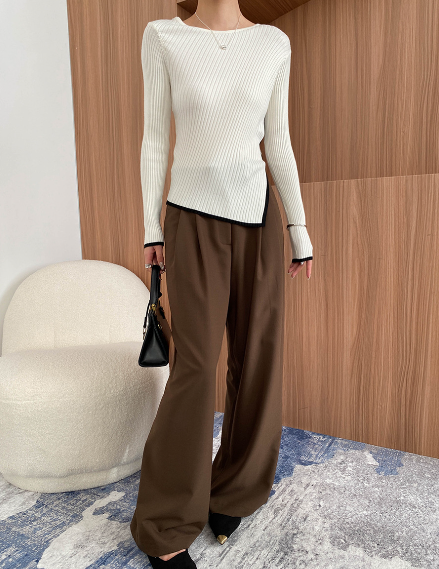 アシンメトリーヘム リブニットトップス