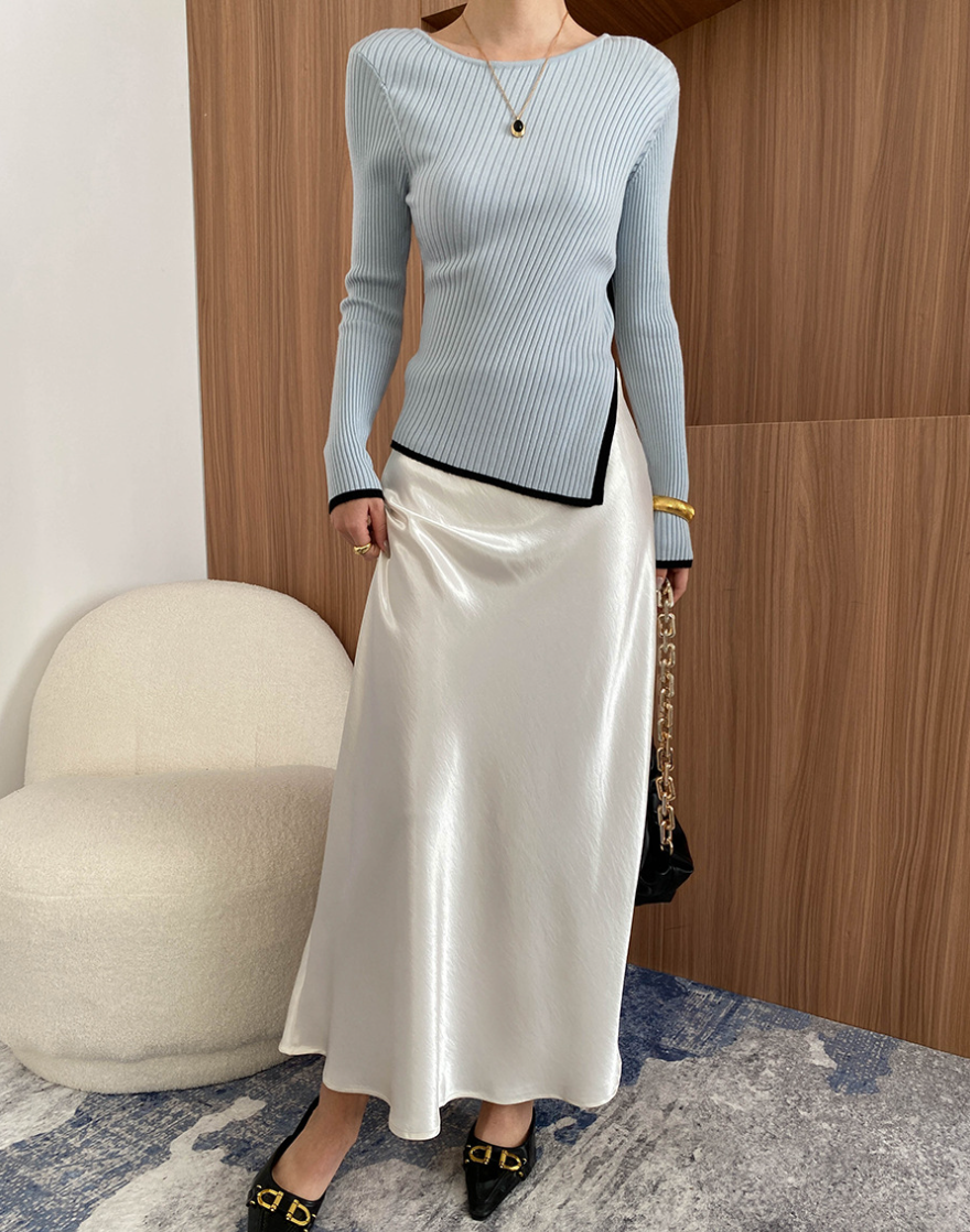 アシンメトリーヘム リブニットトップス