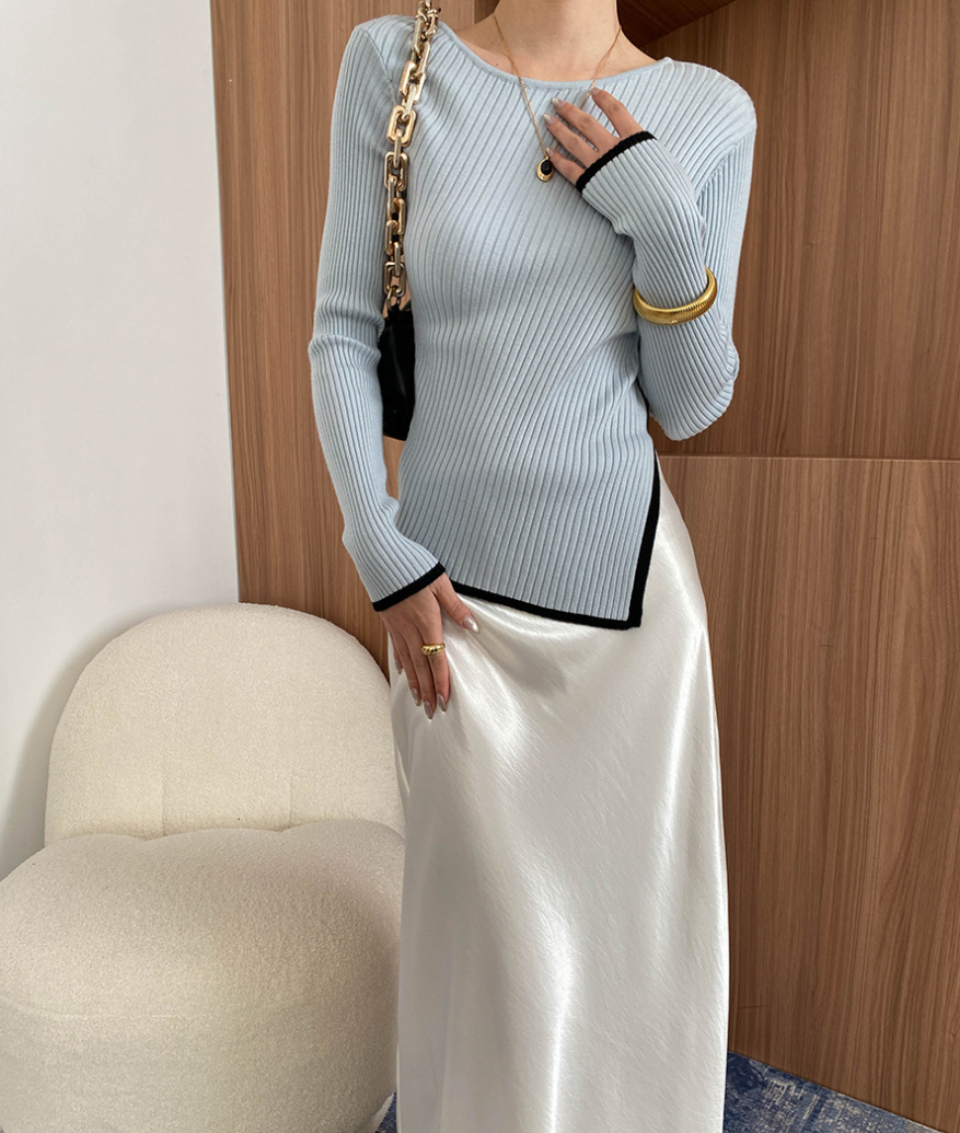 アシンメトリーヘム リブニットトップス