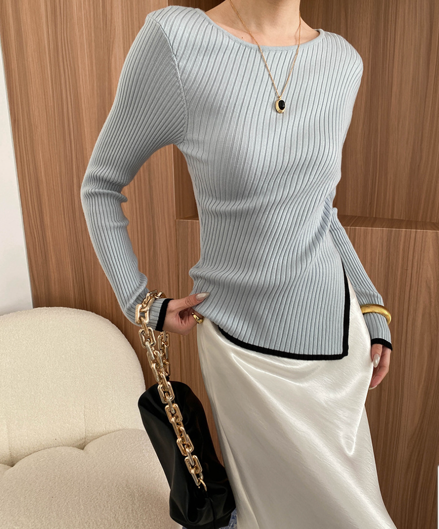 アシンメトリーヘム リブニットトップス