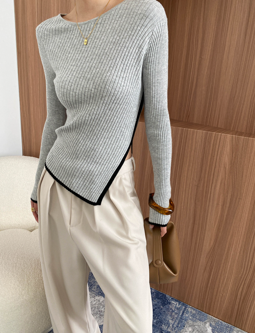 アシンメトリーヘム リブニットトップス