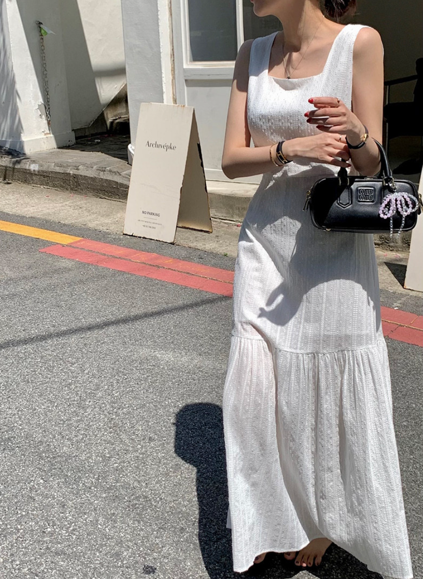 新作【即納 6/26(金)12:00~販売START】ノースリーブコットンティアードロングワンピース
