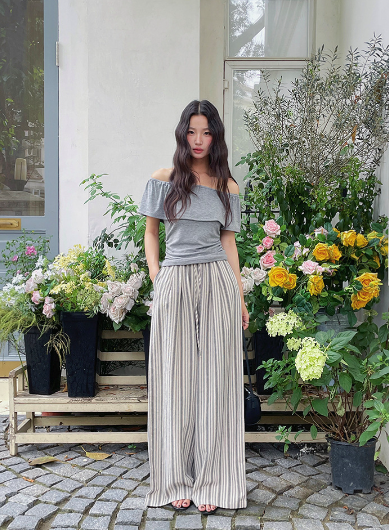 リネン混ストライプパンツ