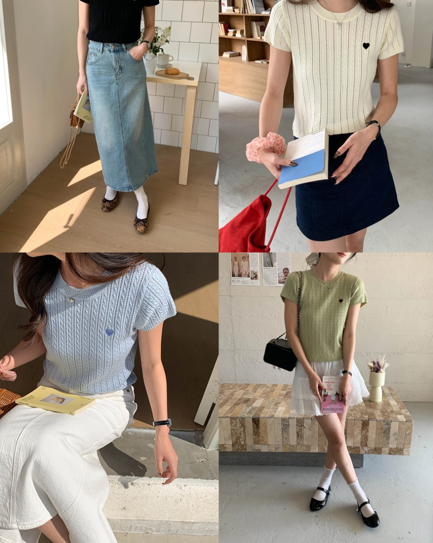 ハート刺繍リブニットトップス