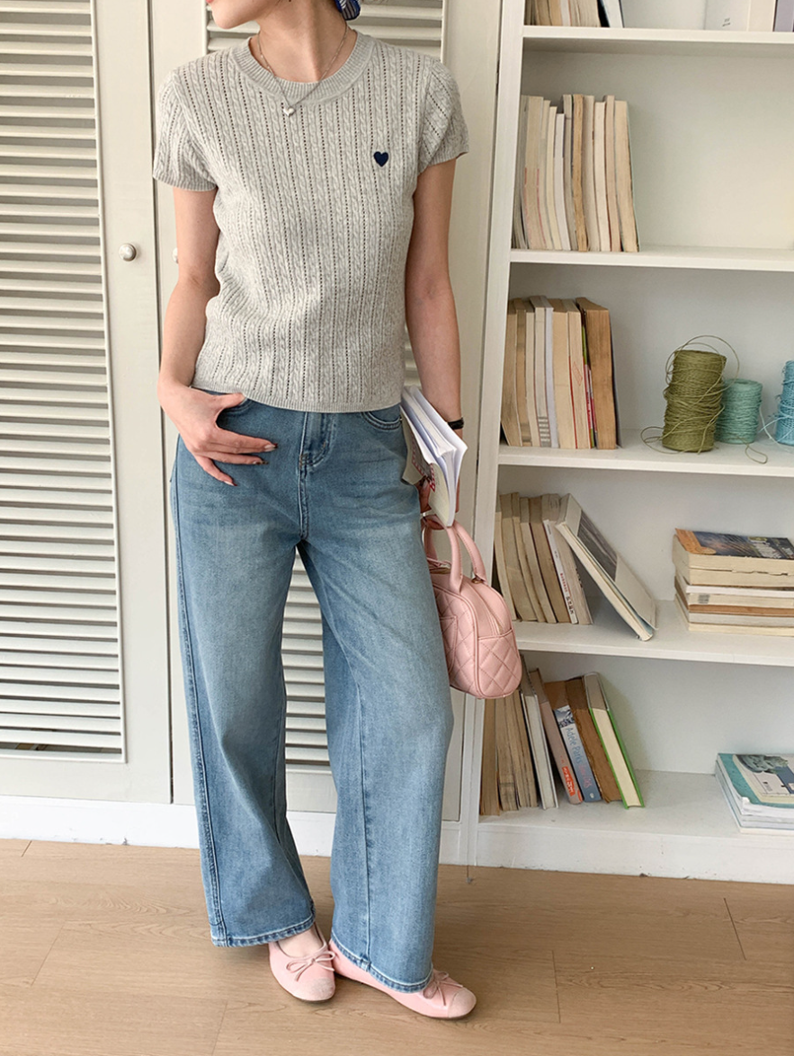 ハート刺繍リブニットトップス