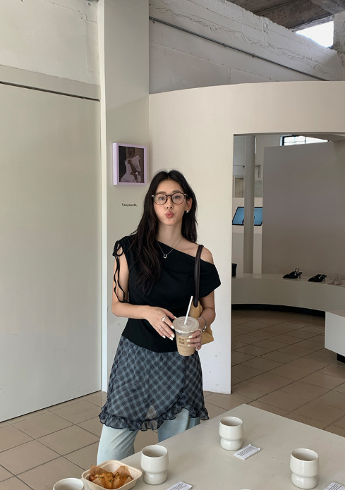 チェックドッキングアシメショルダーワンピース