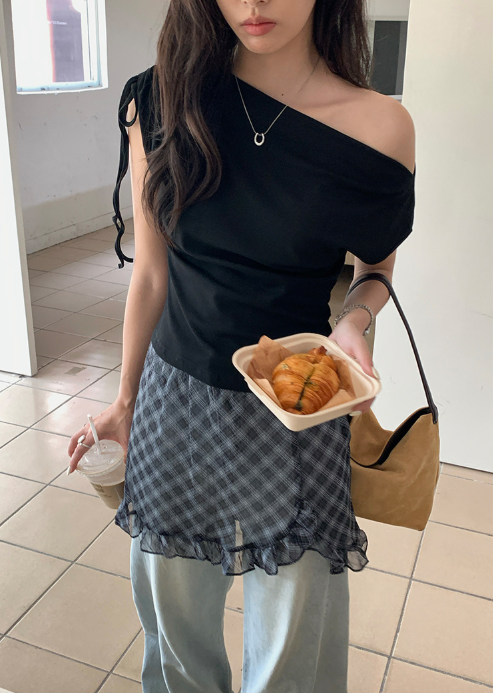 チェックドッキングアシメショルダーワンピース