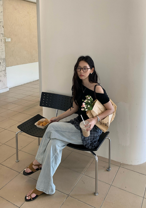 チェックドッキングアシメショルダーワンピース