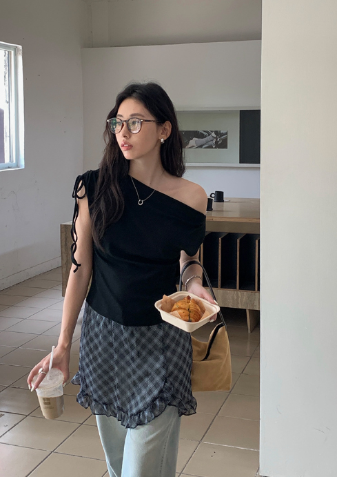 チェックドッキングアシメショルダーワンピース