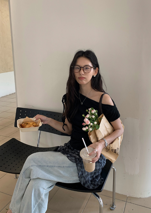 チェックドッキングアシメショルダーワンピース