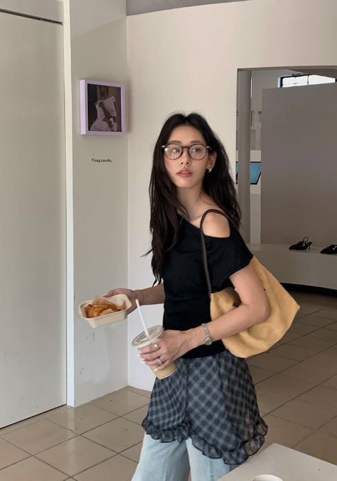 チェックドッキングアシメショルダーワンピース