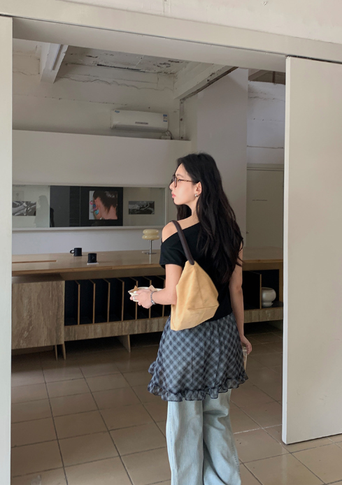 チェックドッキングアシメショルダーワンピース