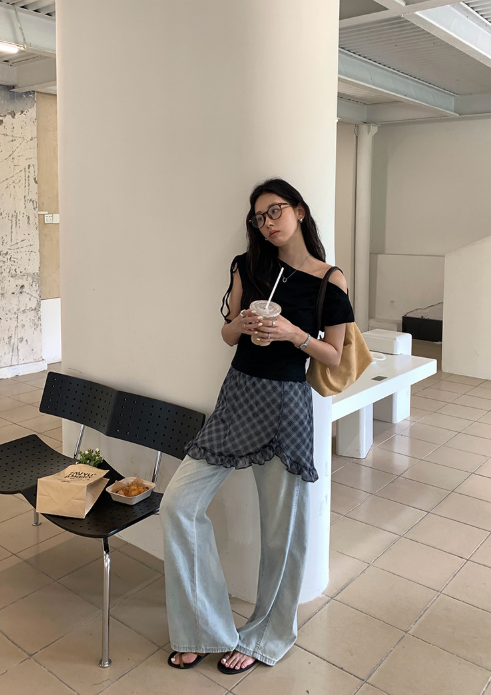 チェックドッキングアシメショルダーワンピース