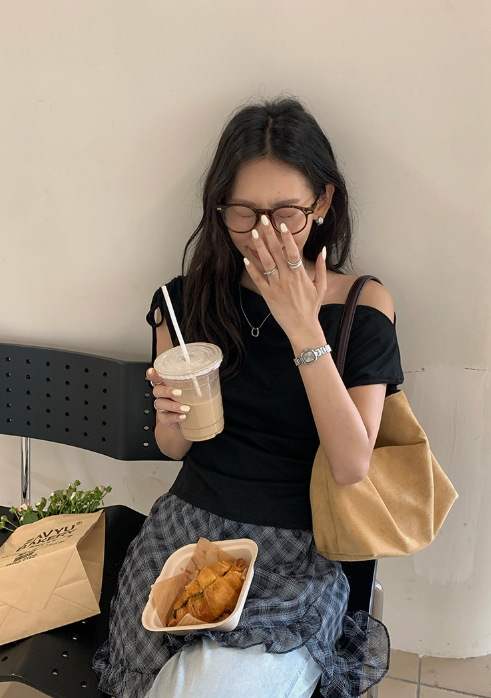 チェックドッキングアシメショルダーワンピース