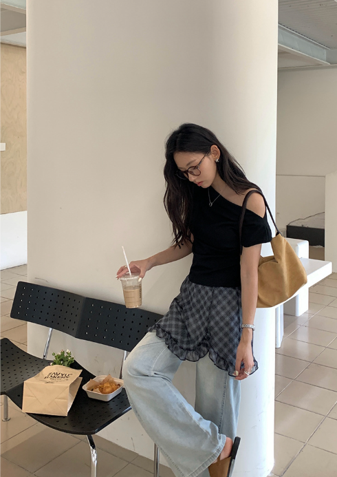 チェックドッキングアシメショルダーワンピース