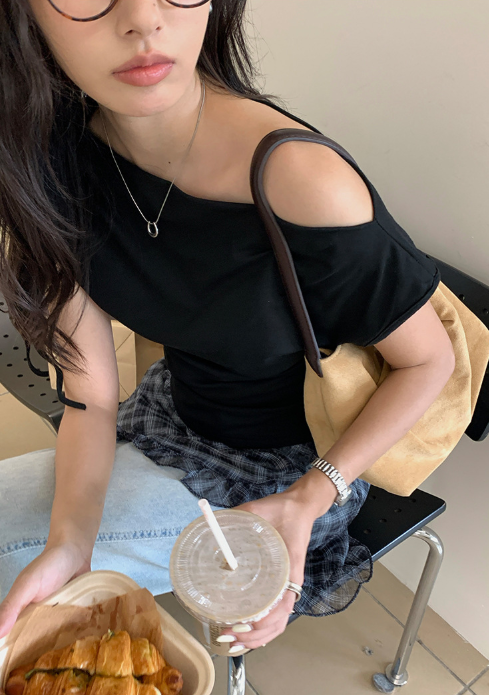 チェックドッキングアシメショルダーワンピース