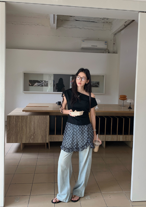 チェックドッキングアシメショルダーワンピース