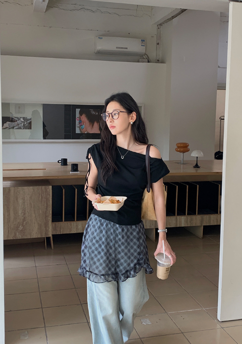 チェックドッキングアシメショルダーワンピース