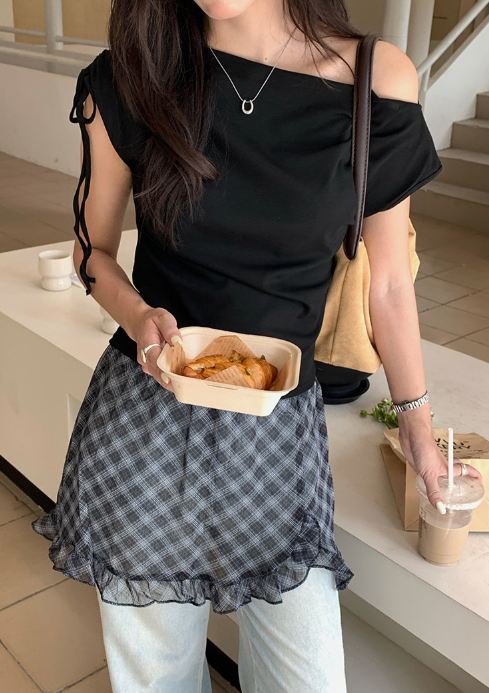 チェックドッキングアシメショルダーワンピース