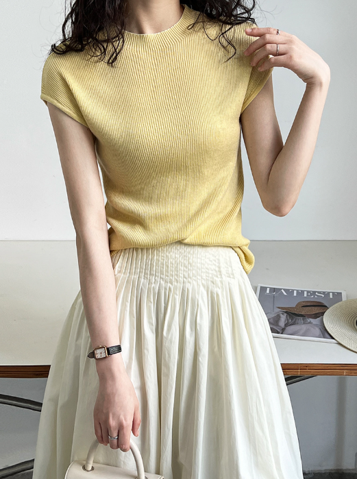 フレンチスリーブリブニットトップス