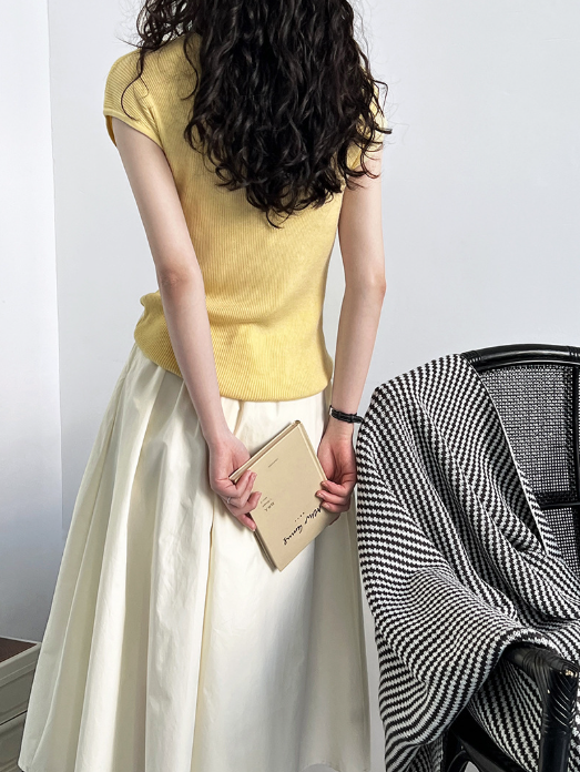 フレンチスリーブリブニットトップス