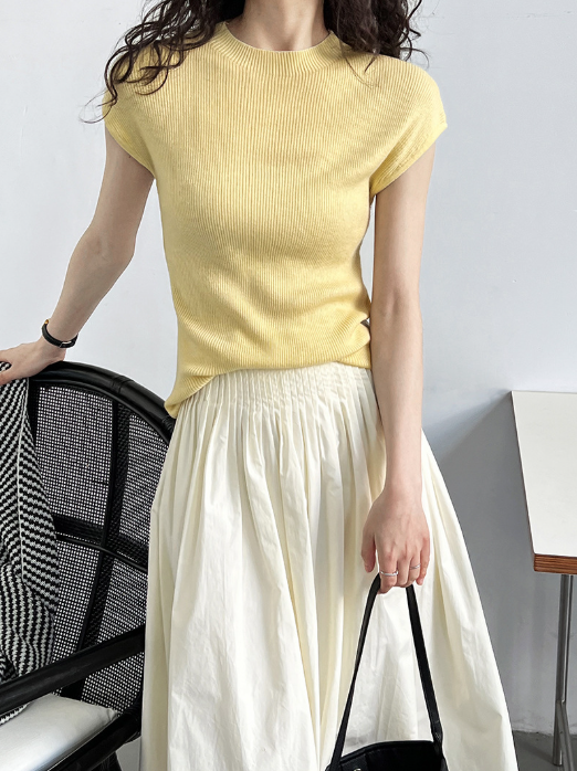 フレンチスリーブリブニットトップス