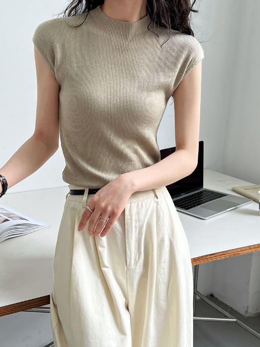 フレンチスリーブリブニットトップス