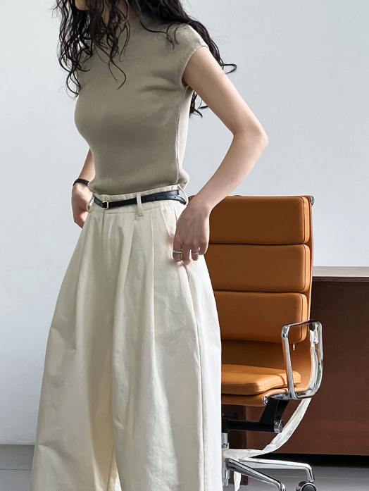 フレンチスリーブリブニットトップス