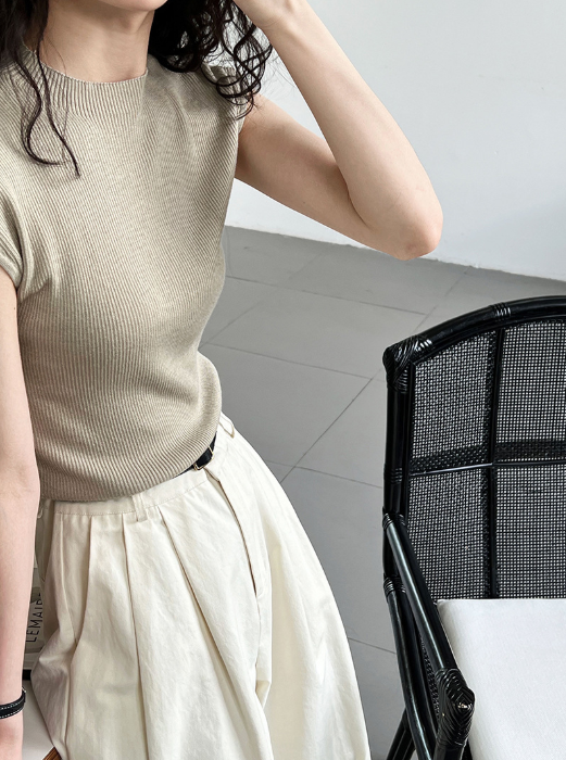 フレンチスリーブリブニットトップス