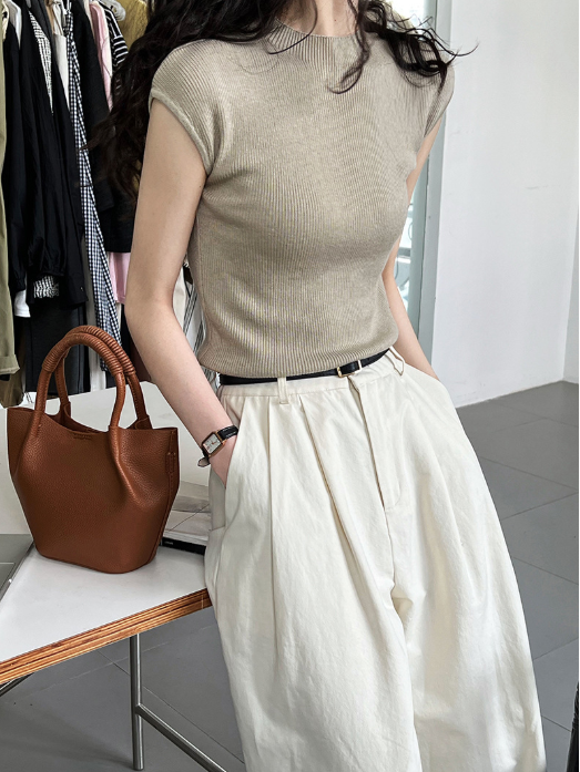 フレンチスリーブリブニットトップス