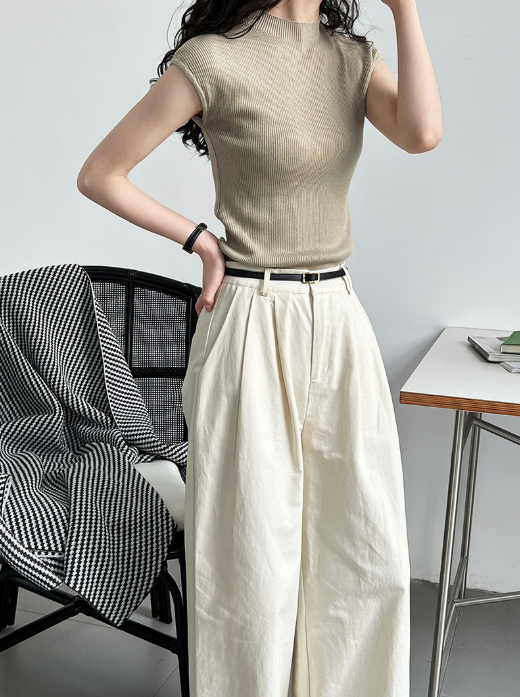 フレンチスリーブリブニットトップス