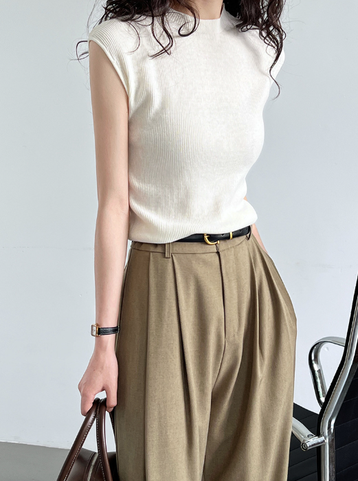 フレンチスリーブリブニットトップス