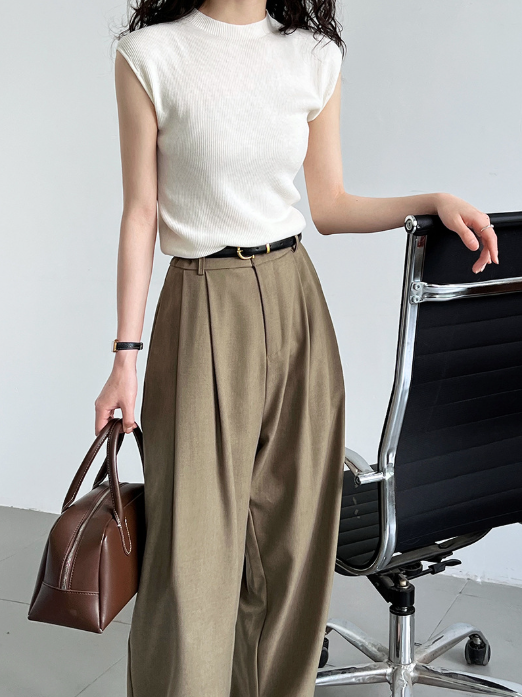 フレンチスリーブリブニットトップス