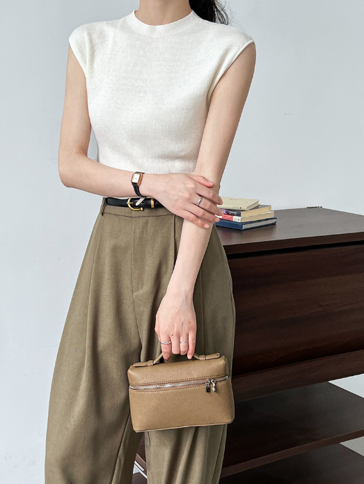 フレンチスリーブリブニットトップス