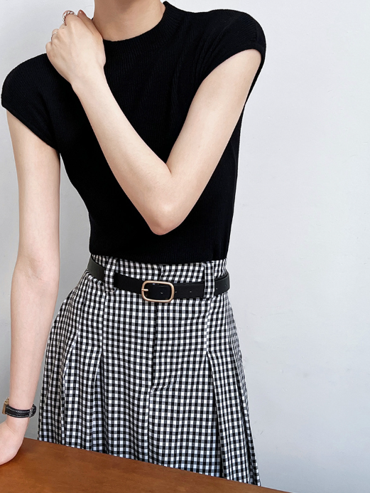 フレンチスリーブリブニットトップス