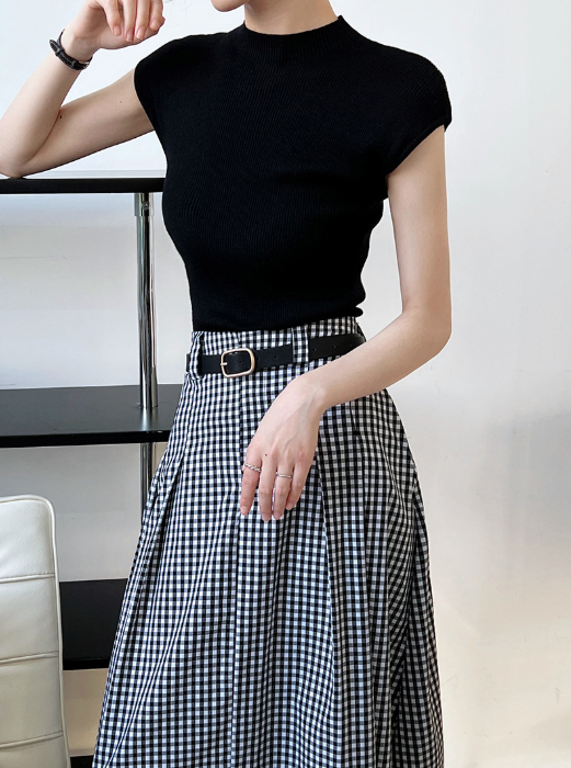 フレンチスリーブリブニットトップス