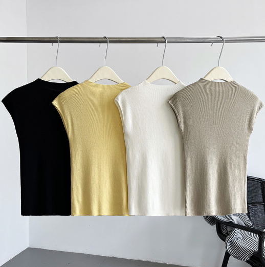 フレンチスリーブリブニットトップス