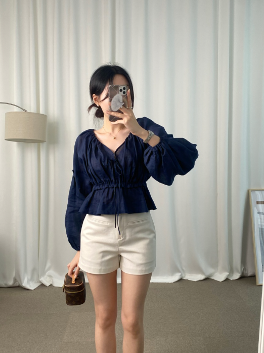 【即納】フロントリボンボリュームスリーブブラウス