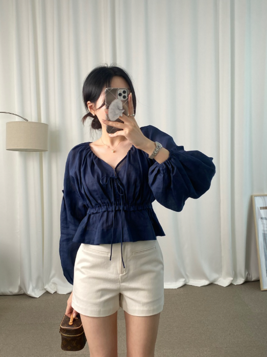 【即納】フロントリボンボリュームスリーブブラウス