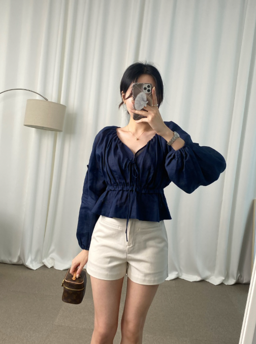 【即納】フロントリボンボリュームスリーブブラウス