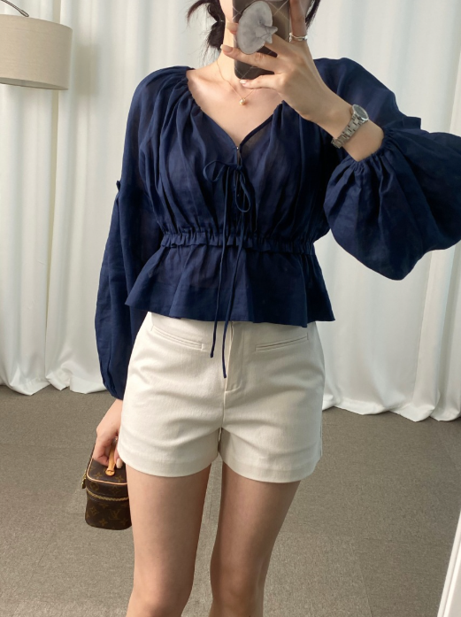 【即納】フロントリボンボリュームスリーブブラウス