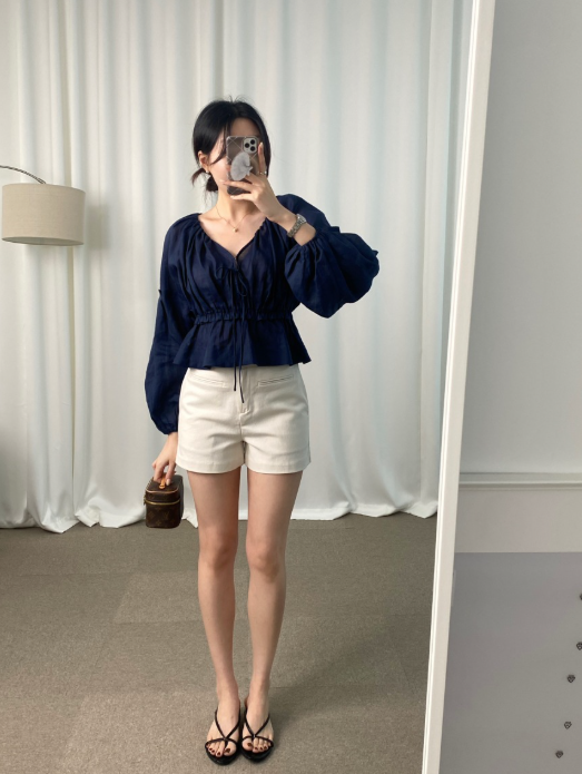 【即納】フロントリボンボリュームスリーブブラウス