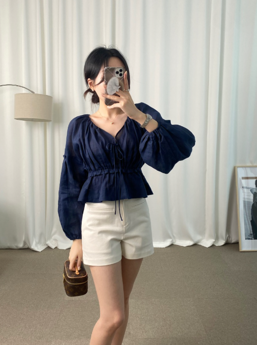 【即納】フロントリボンボリュームスリーブブラウス