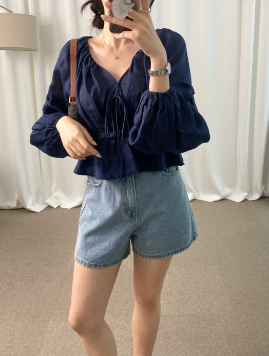 【即納】フロントリボンボリュームスリーブブラウス