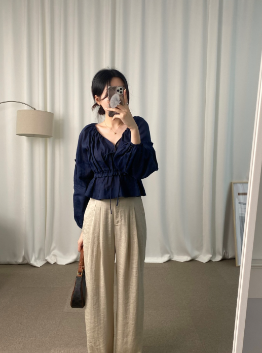 【即納】フロントリボンボリュームスリーブブラウス