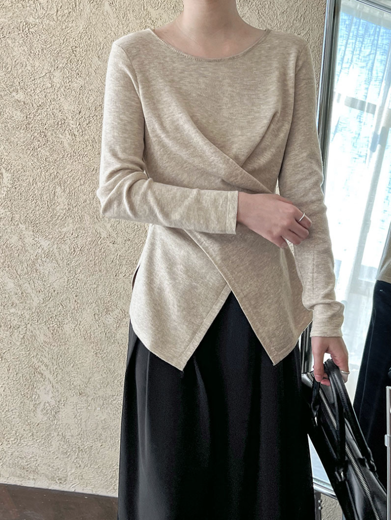 アシンメトリークロスデザイン ニットトップス