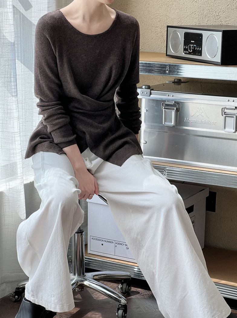 アシンメトリークロスデザイン ニットトップス